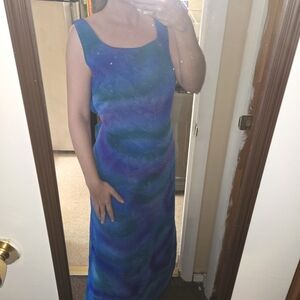 Vintage Sheer Tie Back Maxi Dress 70s 80s Blue Purple Floral Dyed Size Small IFI